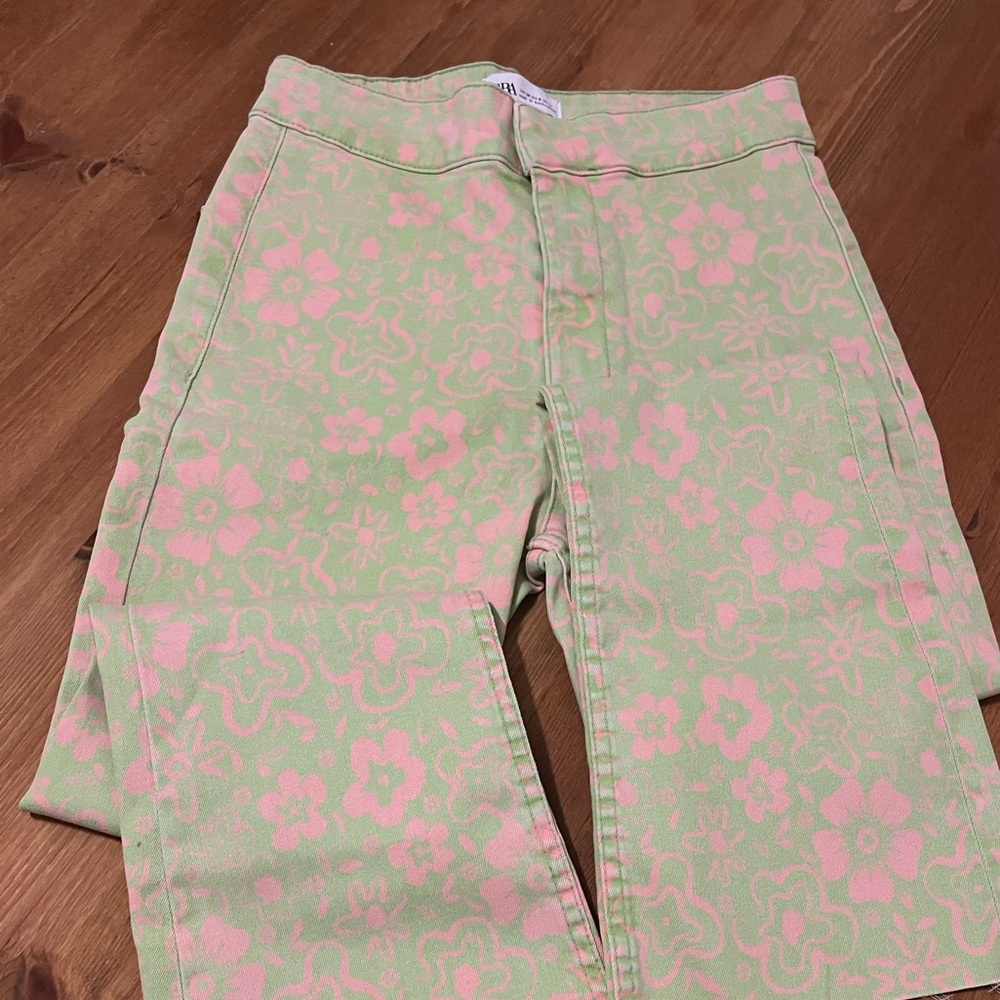 Zara Pink and Green Floral Jeans